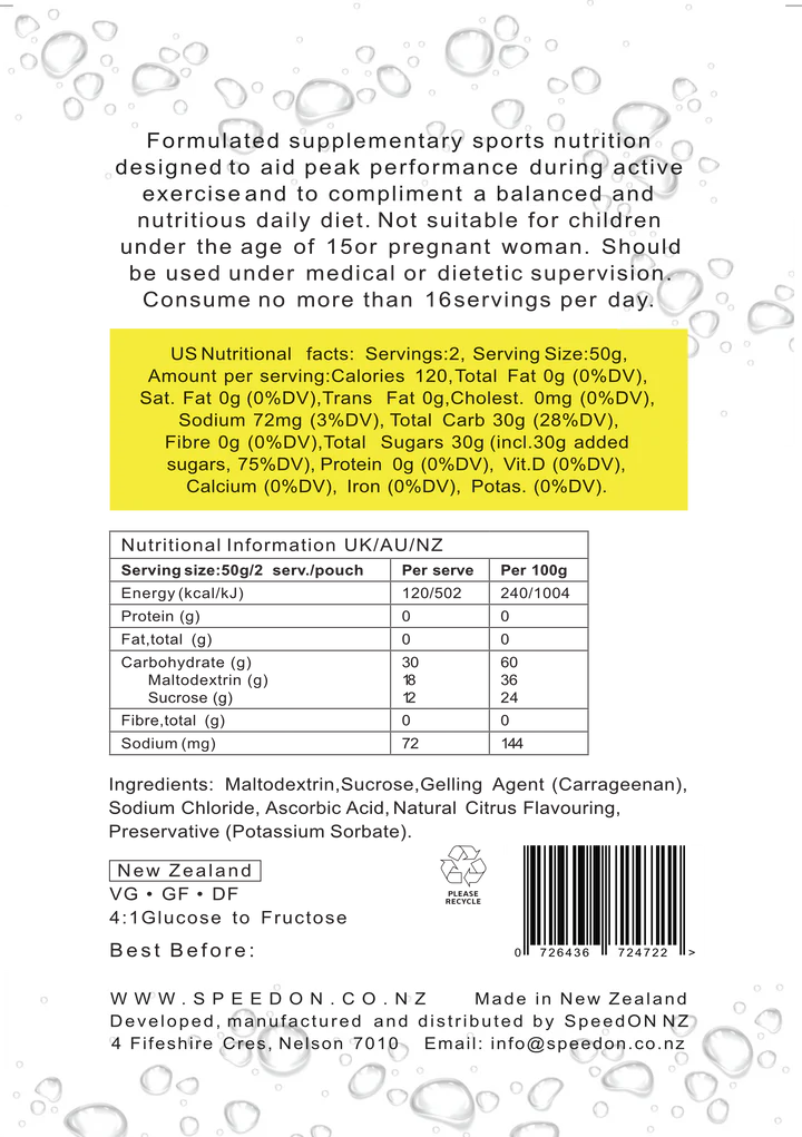 SpeedON Mild Citrus Low Fructose Gel - back label